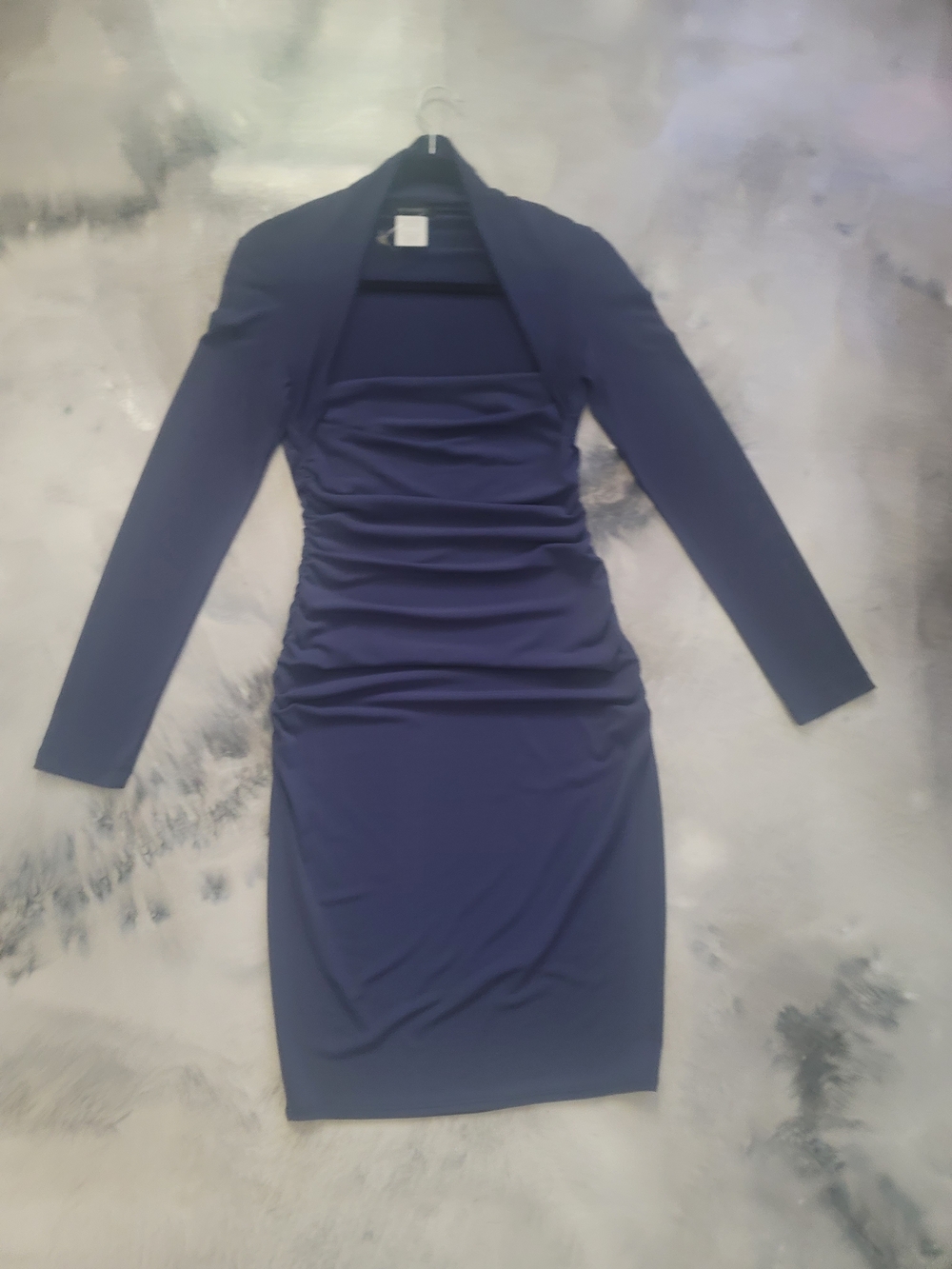 B. Smart Navy Ruched Long-Sleeve Sheath Dress